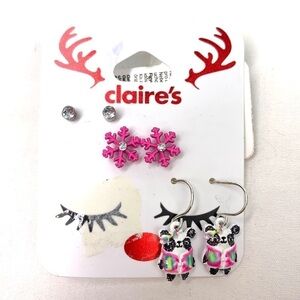 Claire’s Holiday Pierced Earring Trio-Crystal Studs, Snowflakes, Pandas